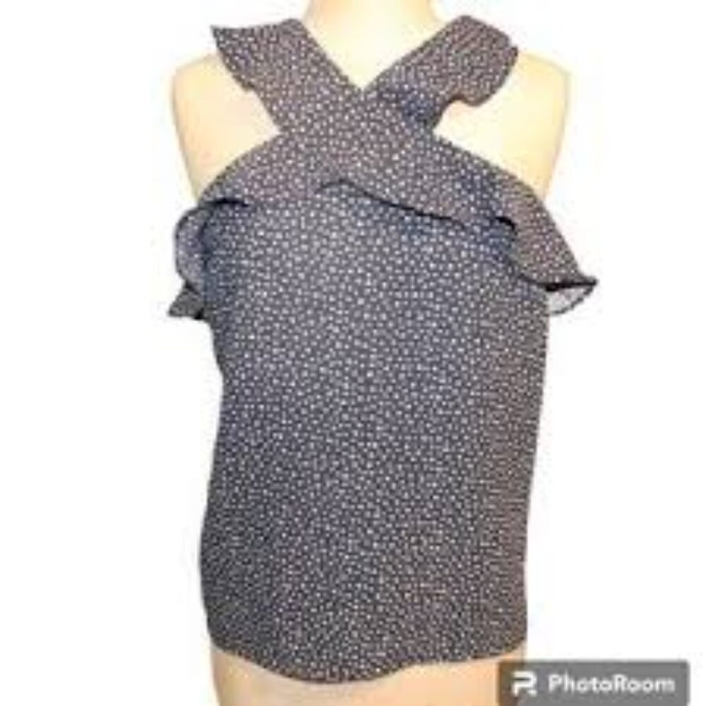 Banana Republic navy print criss cross ruffle halter top